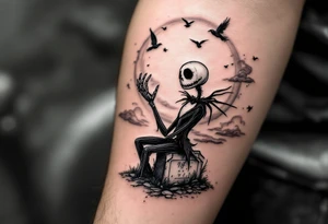 jack skellington sitting on tombstone, birds, clouds tattoo idea