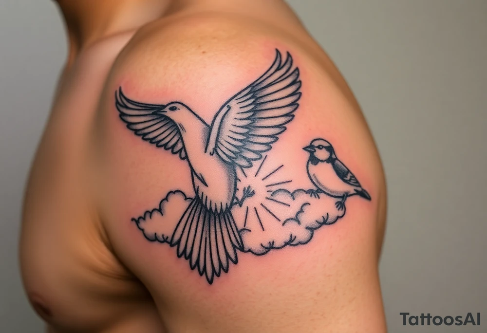 Dove and a blue jay, clouds, shining light to or from heaven tattoo idea