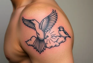 Dove and a blue jay, clouds, shining light to or from heaven tattoo idea