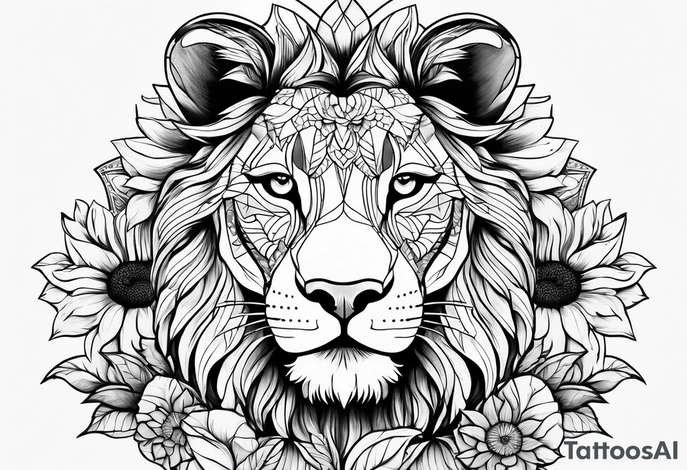 Female lion with half of face covered by sunflowers tattoo idea