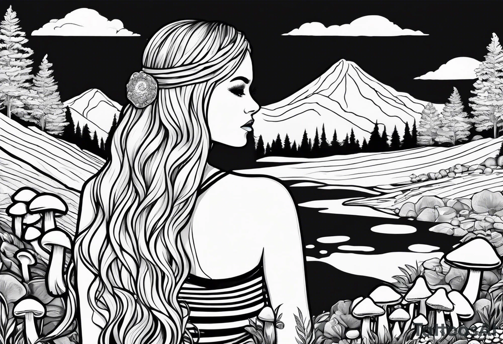 Straight long blonde hair hippie girl in distance holding mushrooms in hand facing away toward mountains and creek surrounded by mushrooms black and white striped dress tattoo idea