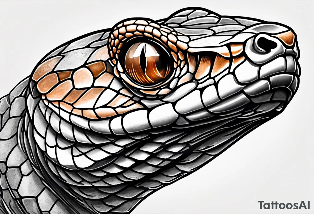 Copperhead with just the head turned up and mouth open, two fangs, black and white drawing with copper colored eye tattoo idea