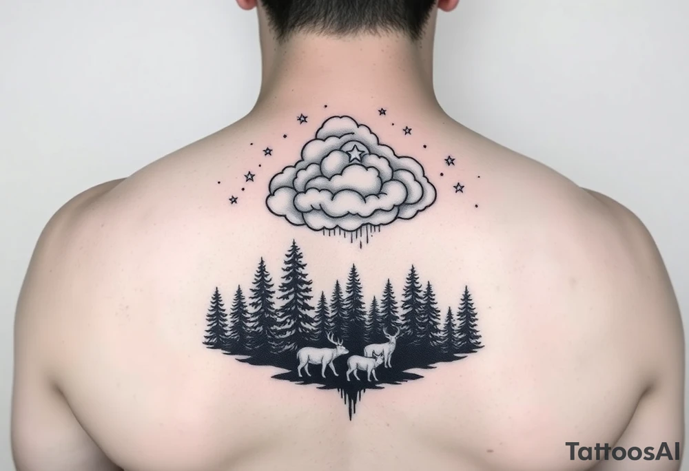 stars in the cloud with a stormy view with a forrest with animals tattoo idea