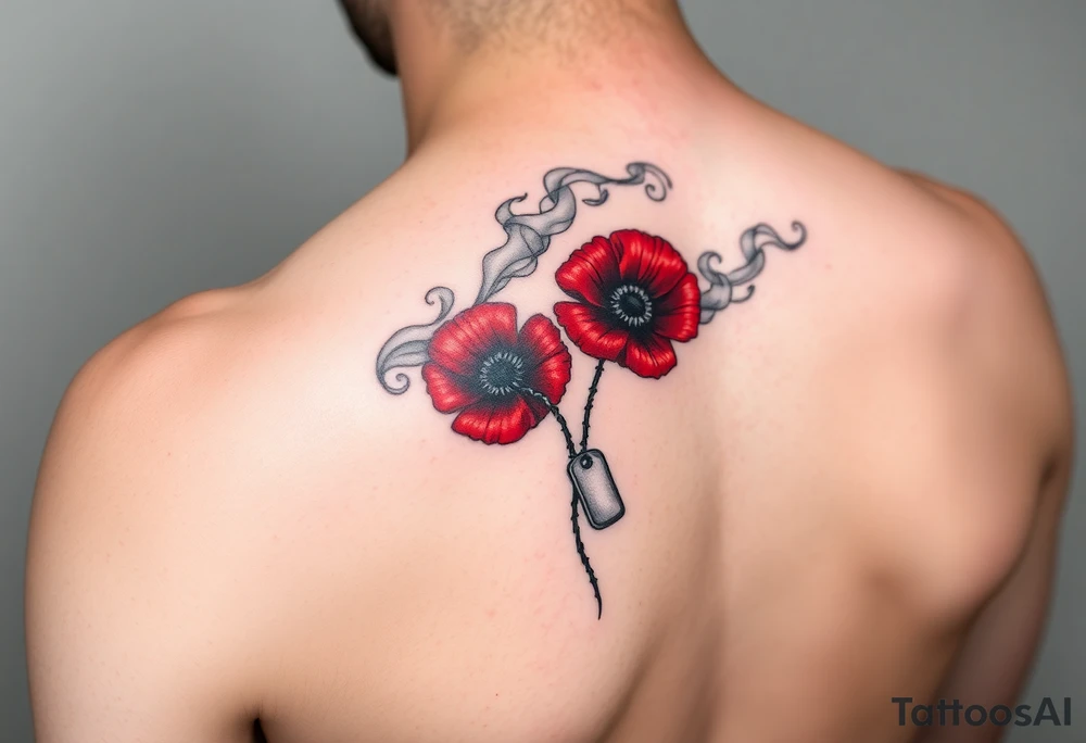army inspired loss of friends, 2 red poppy’s, and smoke with dog tags in a field of fire tattoo idea
