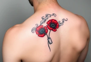 army inspired loss of friends, 2 red poppy’s, and smoke with dog tags in a field of fire tattoo idea