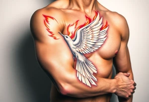 White dove of fire with the names of Jesus and the Characteristics of the Holy Spirit in English tattoo idea