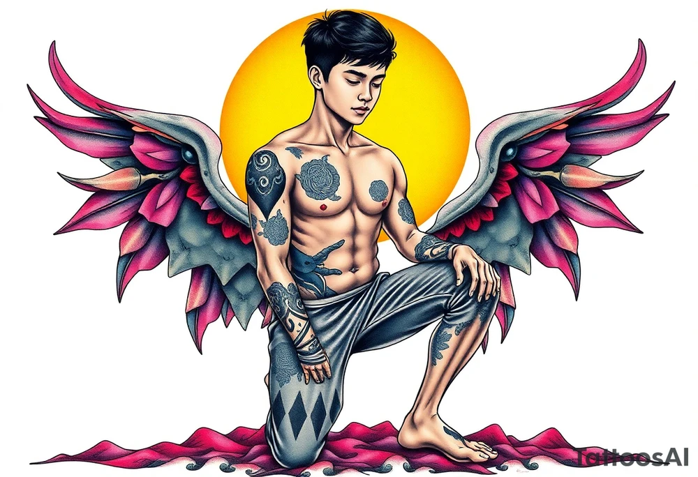 Handsome Asian young guy is standing on his knees and looking down tattoo idea