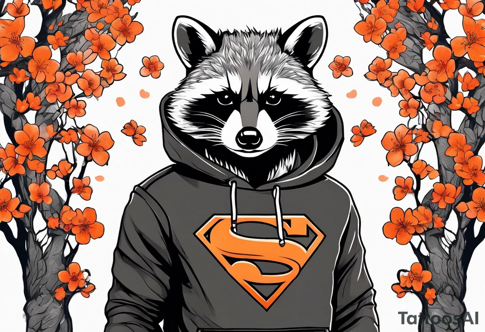 raccoon wearing a black and white Superman hoodie and orange Japanese cherry blossoms tattoo idea