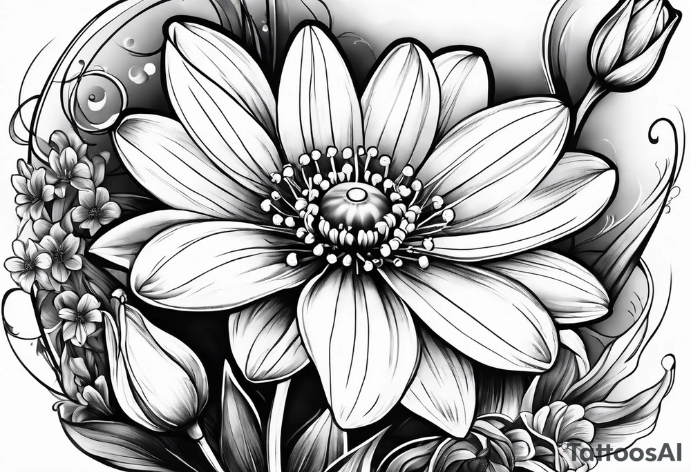 Daisy, Lilly of the valley, poppy, lily compass tattoo idea