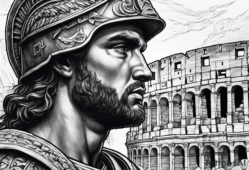 Close up of roman solider with ruins in the background tattoo idea