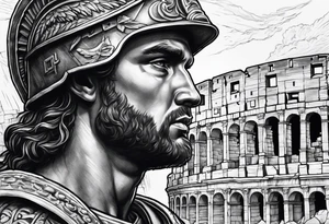 Close up of roman solider with ruins in the background tattoo idea