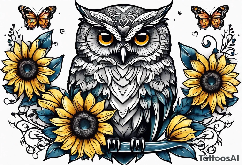 Small owl with sunflowers and butterflies arm sleeve tattoo idea