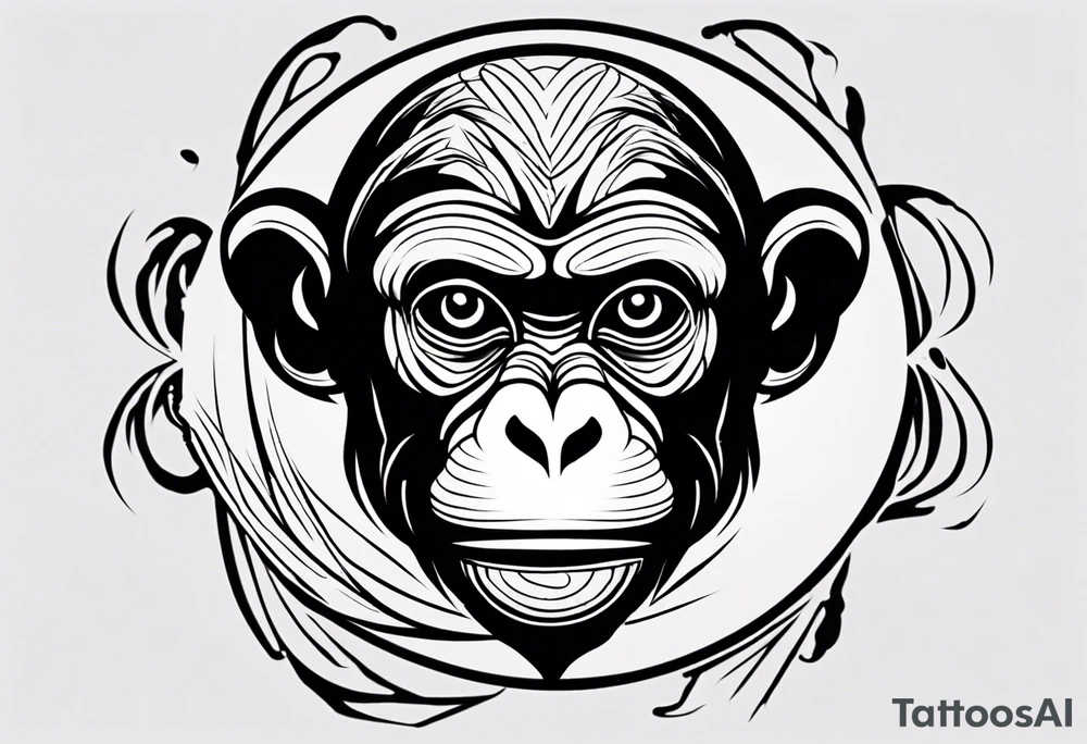 Create an abstract monkey icon on a small disconnected circle where the monkey is just a shape no face tattoo idea