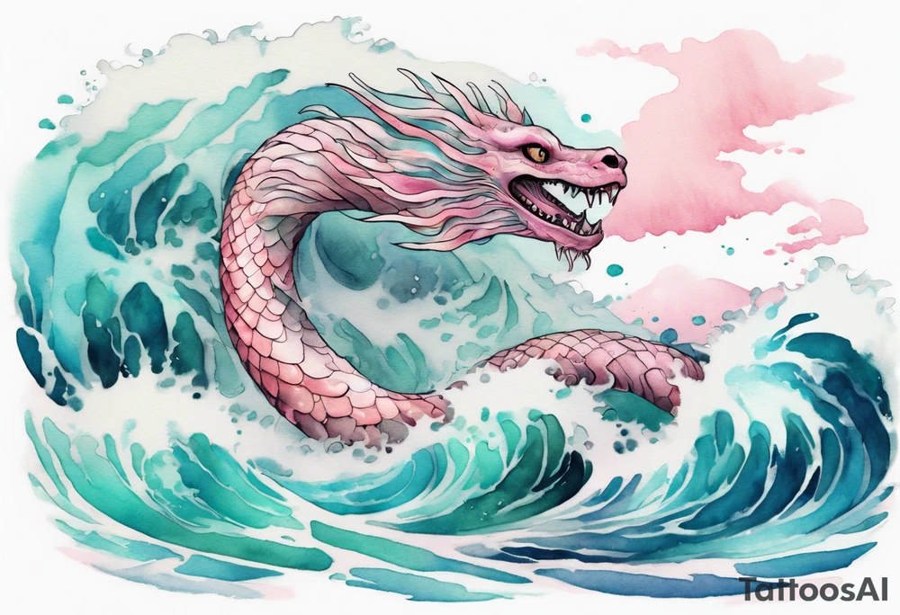 a gentle Falkor sea-serpent hybrid with turquoise and pink scales emerging from the waves tattoo idea