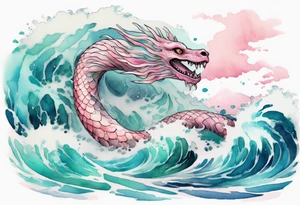 a gentle Falkor sea-serpent hybrid with turquoise and pink scales emerging from the waves tattoo idea