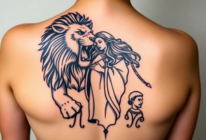 Roaring Leo lion holding virgo woman with robe and wavy hair, add Sagittarius female and Capricorn male below these tattoo idea
