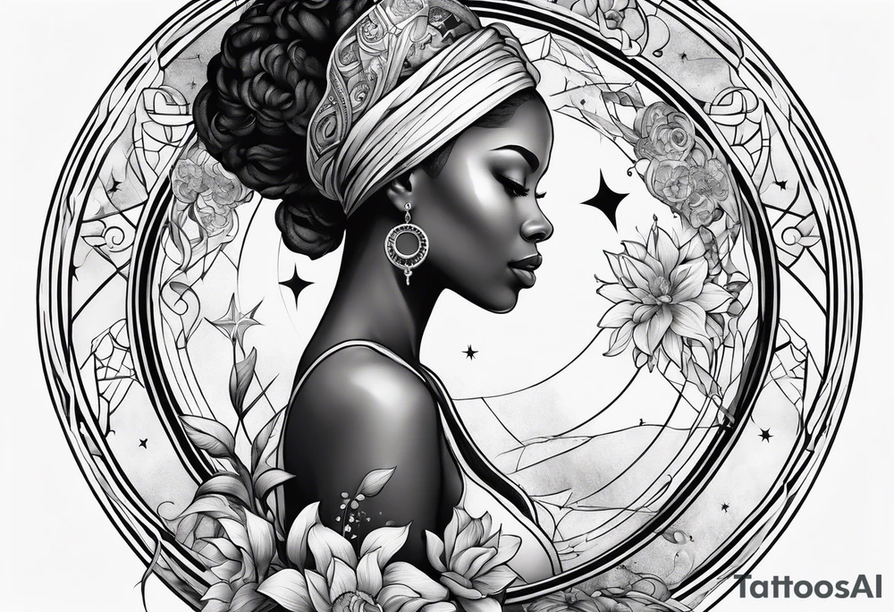 Black woman, enlightenment, wisdom, astronomy, cancer zodiac, natural, full arm tattoo idea