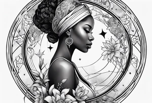 Black woman, enlightenment, wisdom, astronomy, cancer zodiac, natural, full arm tattoo idea