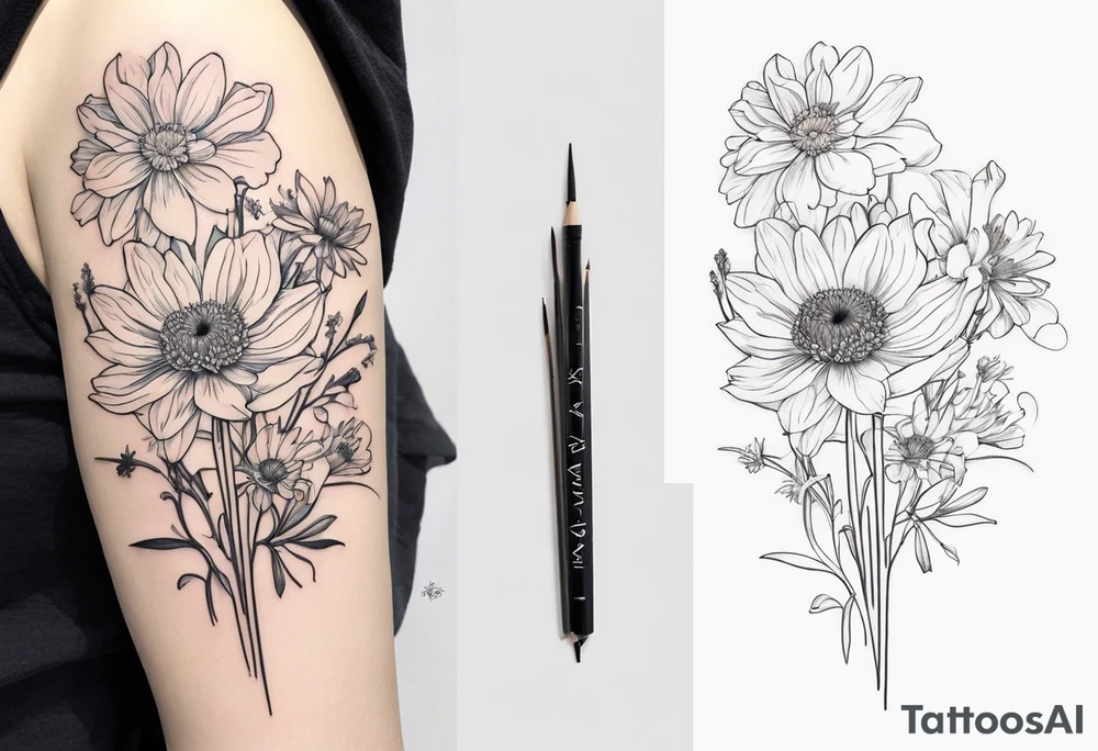 Narcissus, Chrysanthemum, Cosmos, snow drop that shows all the flower stems for the back of the arm. Fine line tattoo idea