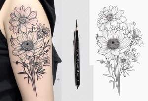 Narcissus, Chrysanthemum, Cosmos, snow drop that shows all the flower stems for the back of the arm. Fine line tattoo idea