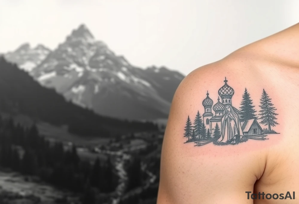Mountainous valley with creek and a few trees with a Russian orthodox kazan scene covering my shoulder entering my upper arm with a Russian orthodox Virgin Mary tattoo idea