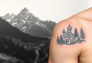 Mountainous valley with creek and a few trees with a Russian orthodox kazan scene covering my shoulder entering my upper arm with a Russian orthodox Virgin Mary tattoo idea