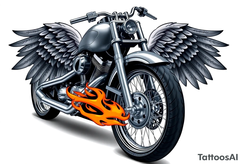 Low rider grey motorcycle, big muffler pipes with flames, angel wings tattoo idea