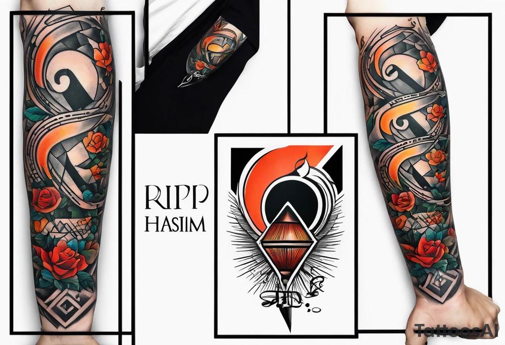 arm tattoo that say  RIP 
HASIM with a tattoo pen picture and a music note tattoo idea