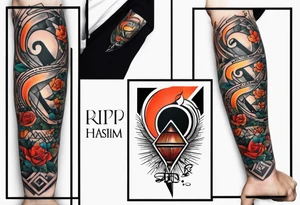 arm tattoo that say  RIP 
HASIM with a tattoo pen picture and a music note tattoo idea