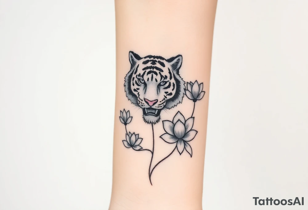 fierce tiger emerging through blooming lotus flowers in mist tattoo idea