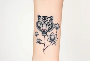 fierce tiger emerging through blooming lotus flowers in mist tattoo idea
