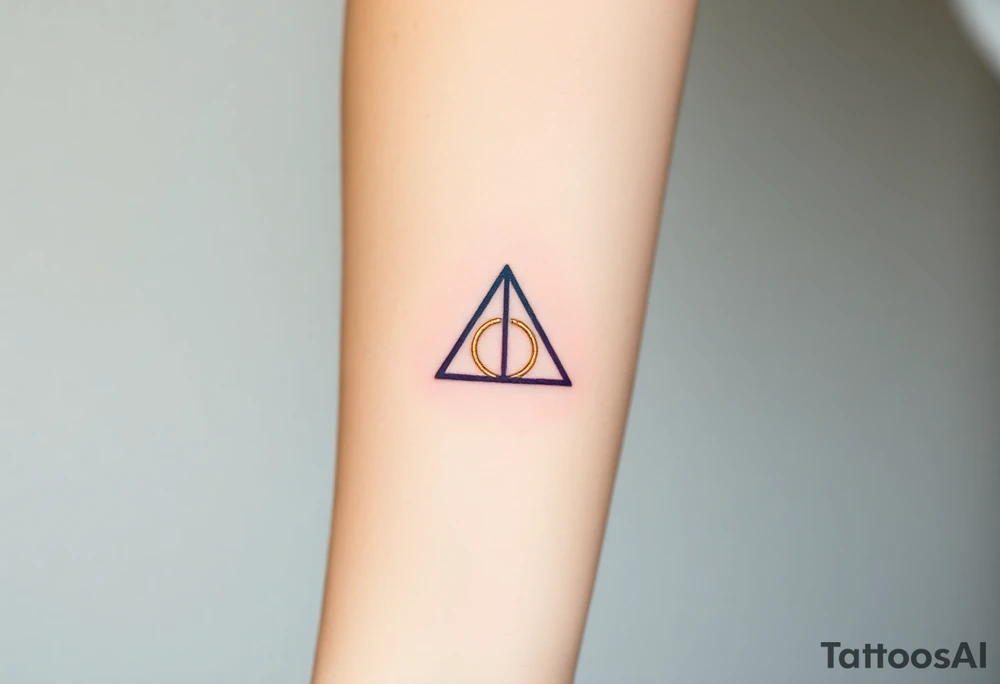 A delicate Deathly Hallows full symbol in thin gold lines in shades of deep purple and midnight blue tattoo idea