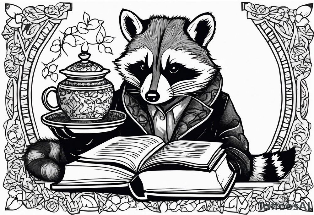 A raccoon drinking tea and reading a book tattoo idea