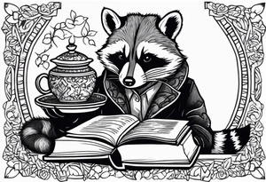 A raccoon drinking tea and reading a book tattoo idea