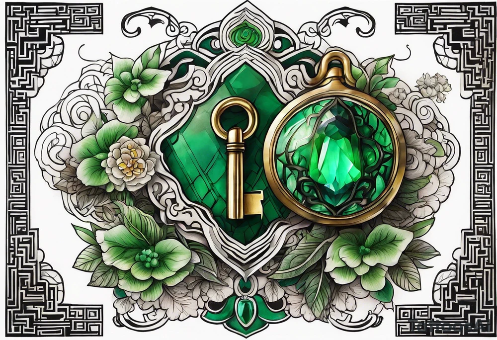 Lock and key with emerald stone tattoo idea