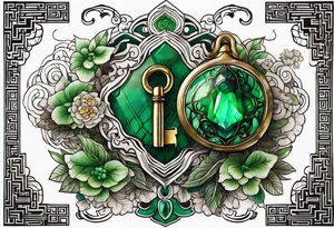 Lock and key with emerald stone tattoo idea