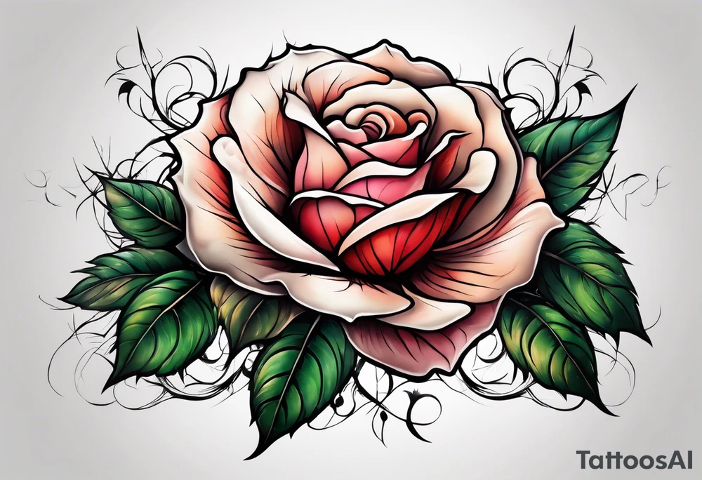 Rose with thorns floating on a leave tattoo idea