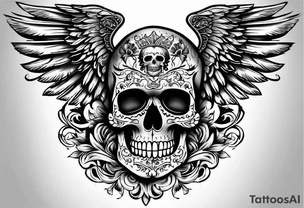 Mexican Tattooed skull with angel wings. Name Leah written under in gothic letters. tattoo idea