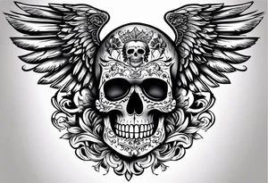 Mexican Tattooed skull with angel wings. Name Leah written under in gothic letters. tattoo idea