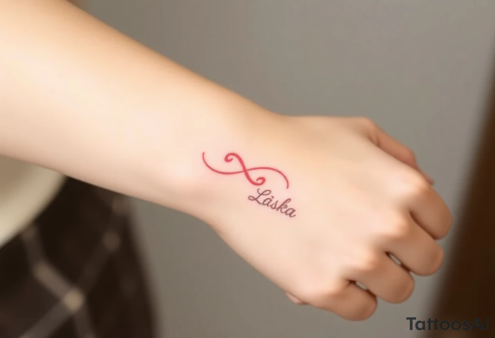 A delicate thin-line infinity sign in soft rose gold, with "Láska" in elegant cursive script integrated into the flow tattoo idea