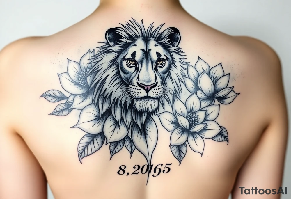 lion face as one of the lotus flowers then the rest blooming lotus flowers in mist with the date 8/20/65 tattoo idea
