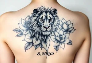 lion face as one of the lotus flowers then the rest blooming lotus flowers in mist with the date 8/20/65 tattoo idea
