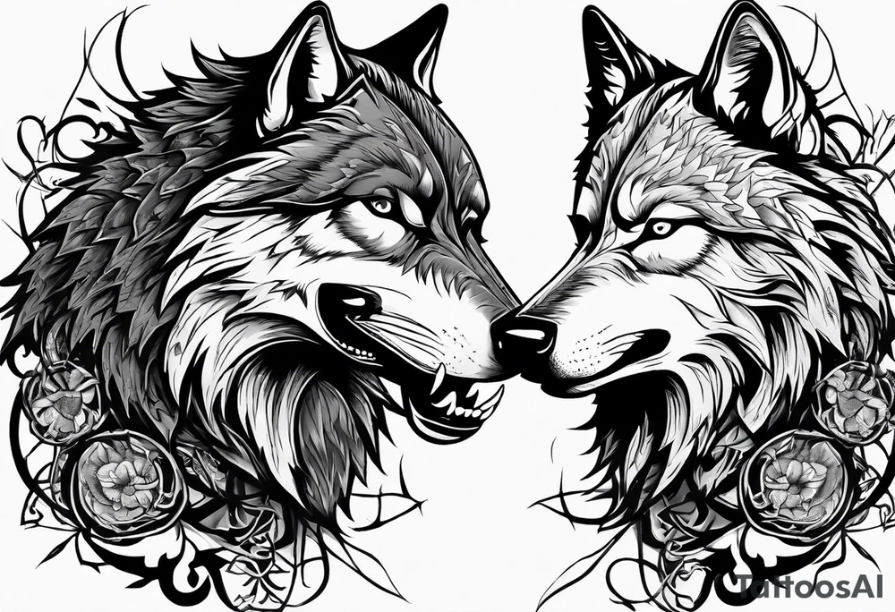 Two wolves face each other.  They wolf snarls, surrounded by thorns. tattoo idea