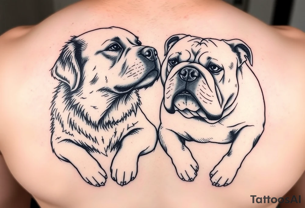 a golden retriever and an english bulldog, lying besides each other, head to head, foreheads touching tattoo idea