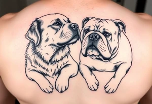 a golden retriever and an english bulldog, lying besides each other, head to head, foreheads touching tattoo idea