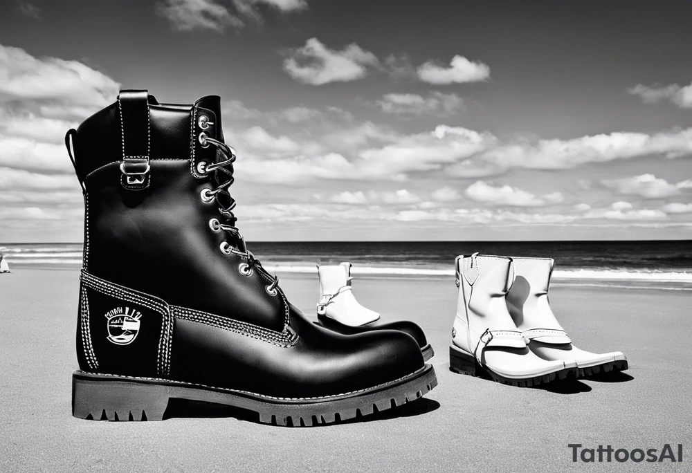 Two flip flops next to a pair of timberland boots on the Beach. ADD a cowboyhat tattoo idea Two flip flops next to a pair of timberland boots on the Beach. ADD a cowboyhat tattoo idea