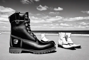 Two flip flops next to a pair of timberland boots on the Beach. ADD a cowboyhat tattoo idea