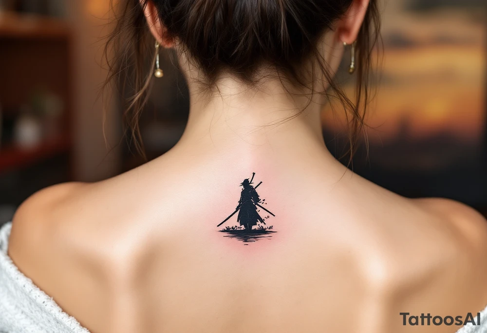 noble samurai warrior silhouette at sunset with cherry blossoms tattoo idea