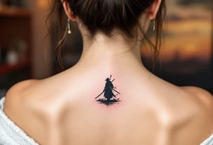 noble samurai warrior silhouette at sunset with cherry blossoms tattoo idea