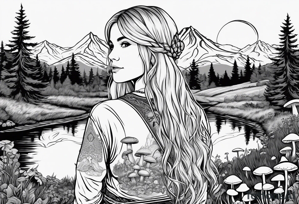 Whole picture encircled fully

Straight long blonde hair hippie girl in distance holding mushrooms in hand facing away toward mountains and creek surrounded by mushrooms long sleeve shirt and hiking pants; whole rendering within a full celtic circle, no cut off circle tattoo idea